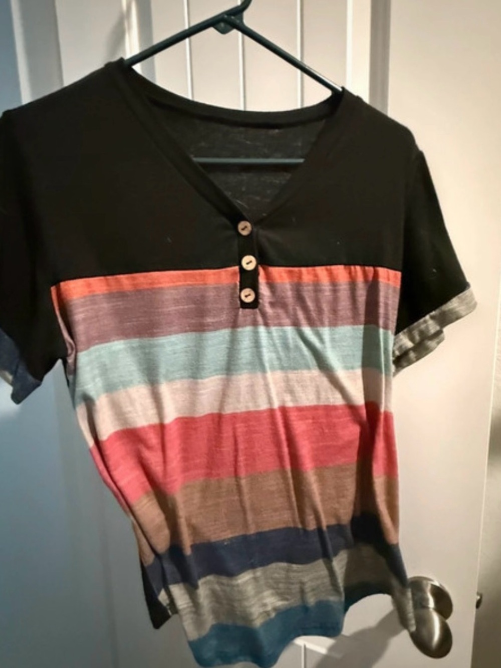 Casual Multicolor Striped V-Neck Tee with Button Detail